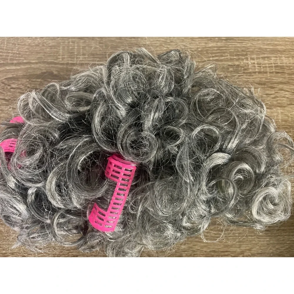 Old Lady Grandma Wig Gray Curly Pink Rollers Granny Costume Halloween 100 Day